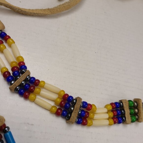 Set of 2 Leather and Bead Native American Choker Necklaces - Picture 2 of 15